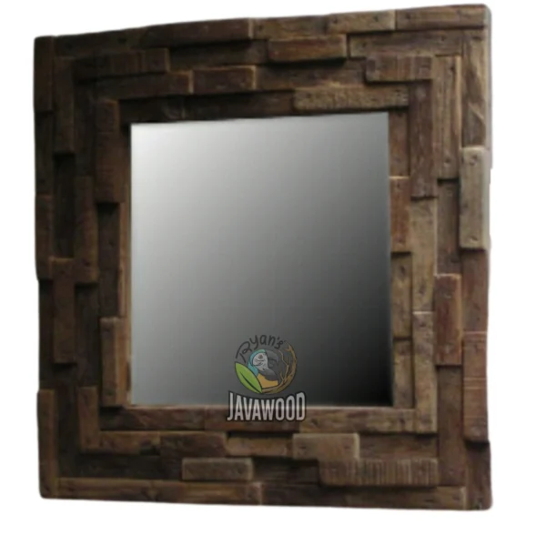 Rustic wooden mirror on bedroom wall natural finish
